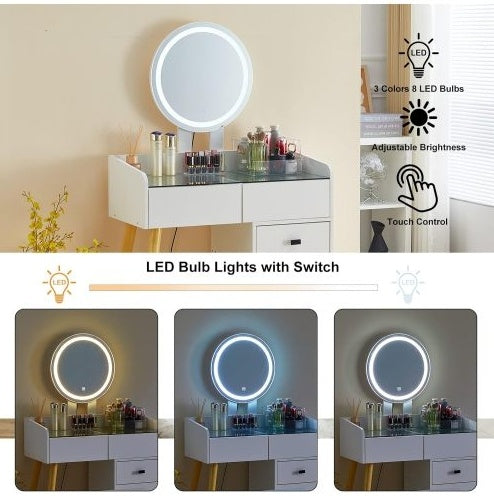 Dressing Table With LED Lights Glass Top Dressing Table With Extendable Side Table 5 Drawers Dressing Table | Sizonic