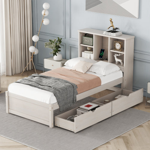 Modern Twin Size Bed Frame With Built-in USB Port On Bookcase Headboard | Sizonic