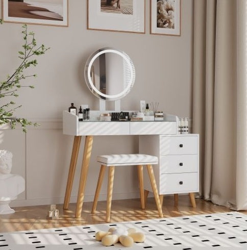 Dressing Table With LED Lights Glass Top Dressing Table With Extendable Side Table 5 Drawers Dressing Table | Sizonic