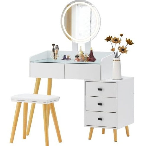 Dressing Table With LED Lights Glass Top Dressing Table With Extendable Side Table 5 Drawers Dressing Table | Sizonic