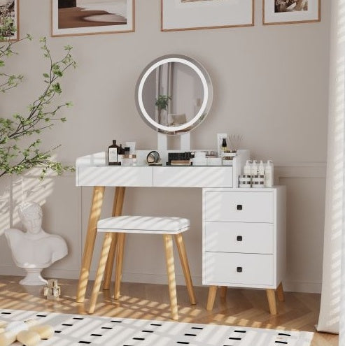 Dressing Table With LED Lights Glass Top Dressing Table With Extendable Side Table 5 Drawers Dressing Table | Sizonic
