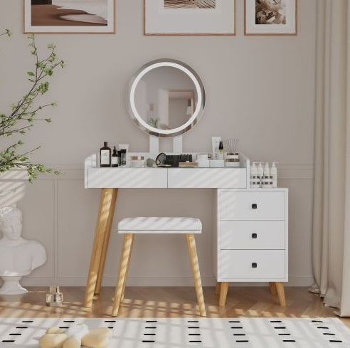 Dressing Table With LED Lights Glass Top Dressing Table With Extendable Side Table 5 Drawers Dressing Table | Sizonic